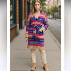 NWT Eleven Six Delfine Alpaca Multicolor Warp Long Cardigan Size S